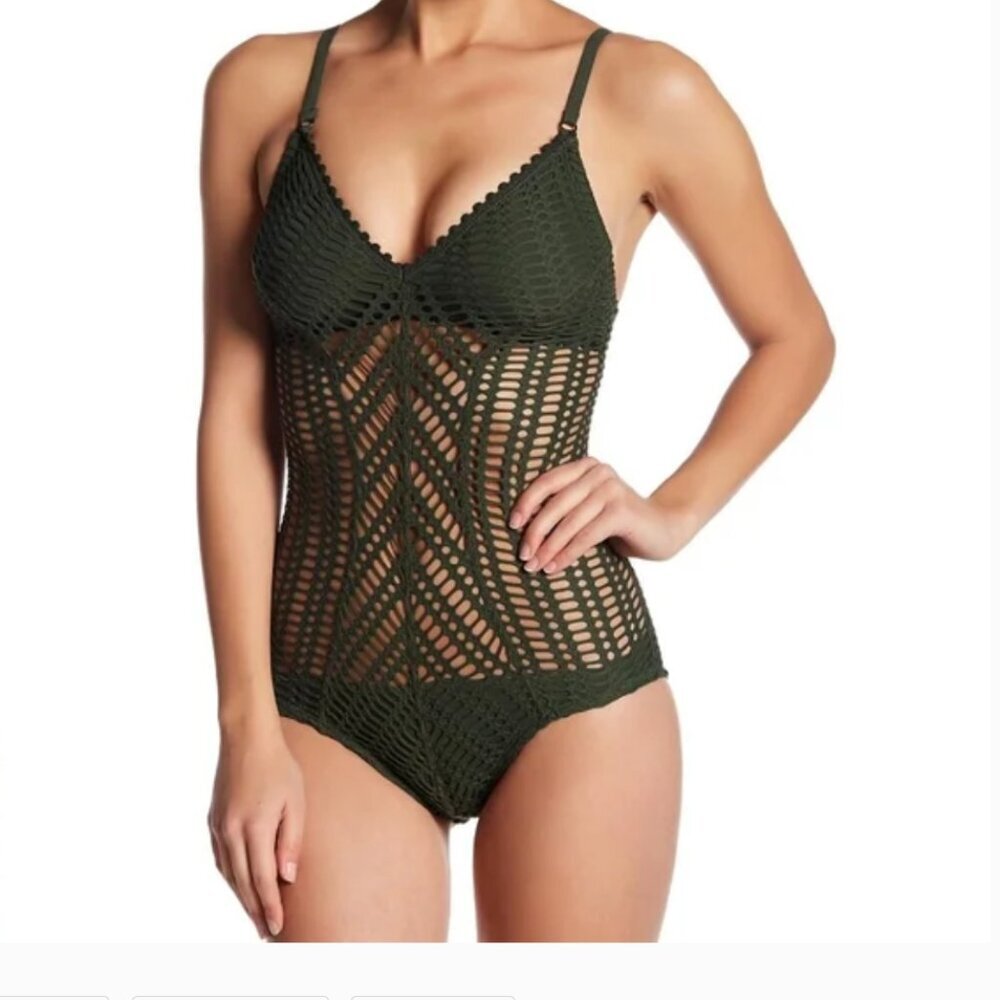 Robin Piccone Sophia  Green Crochet One-Piece Swimsuit